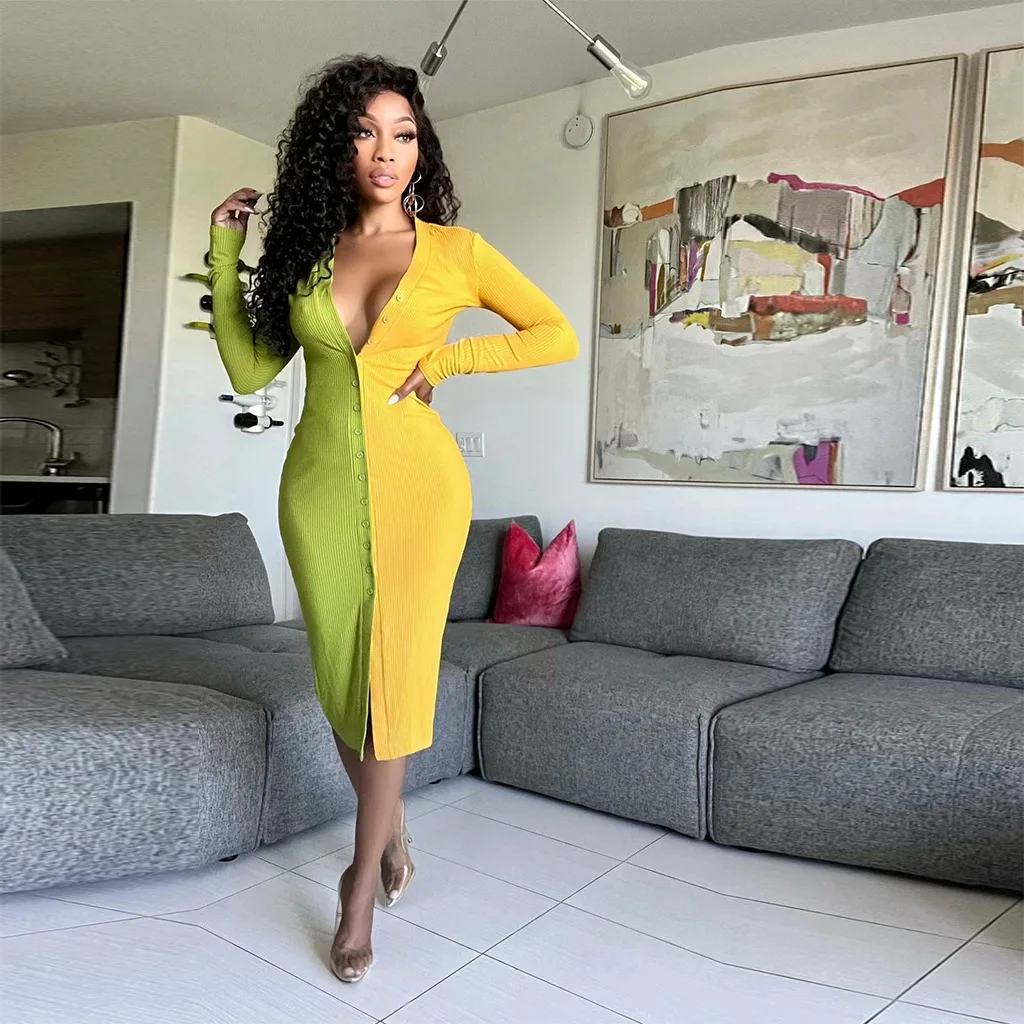 2022 New Arrivals Fashion Sexy V Neck Dress with Buttons Summer Slit Long Sleeve Mix color Ladies Dresses