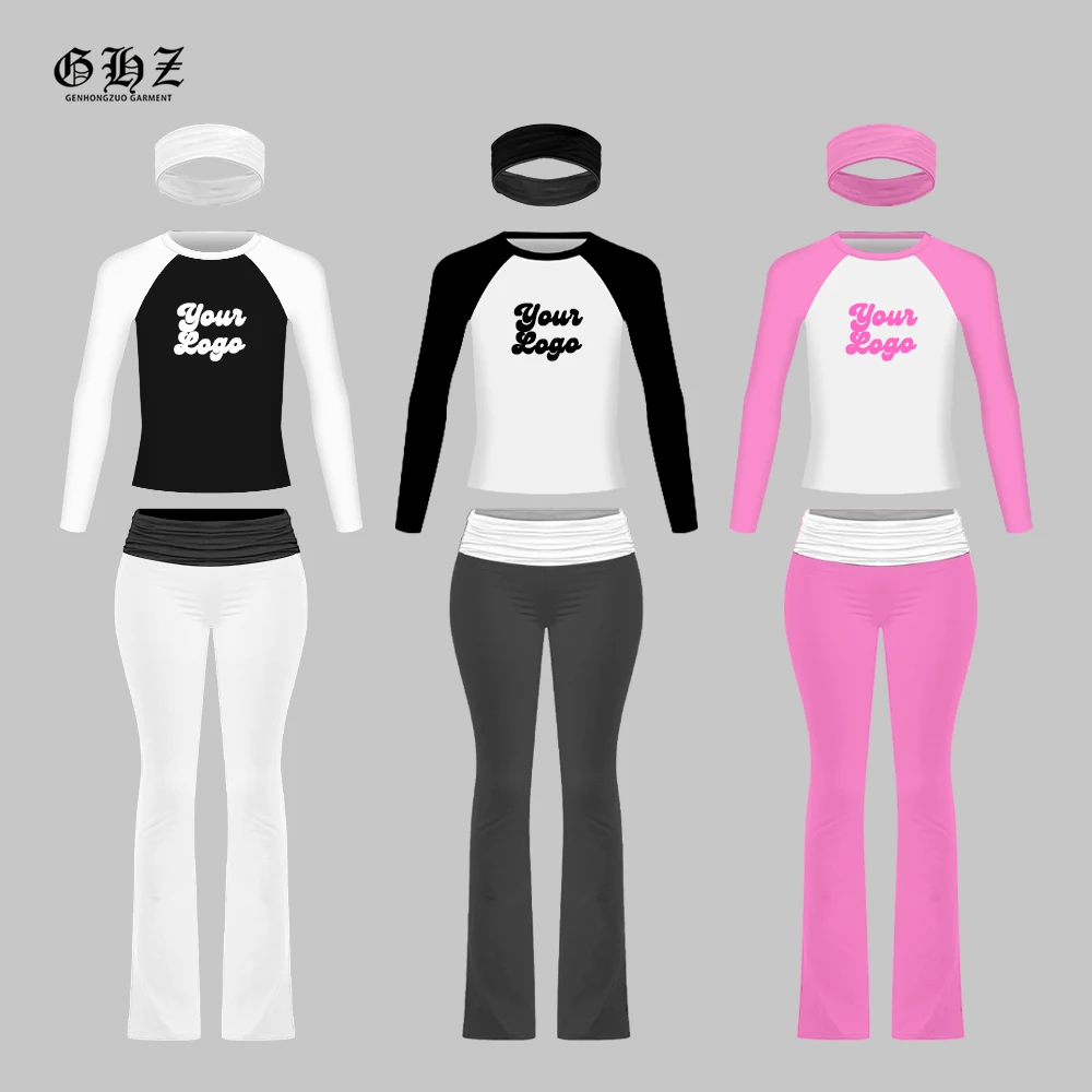 2025 Spring Manufacturers for Women Cotton Basic Slim Fitted Skinny Long Sleeve Tops Raglan Shirt Flared Fold Over Pants Sets