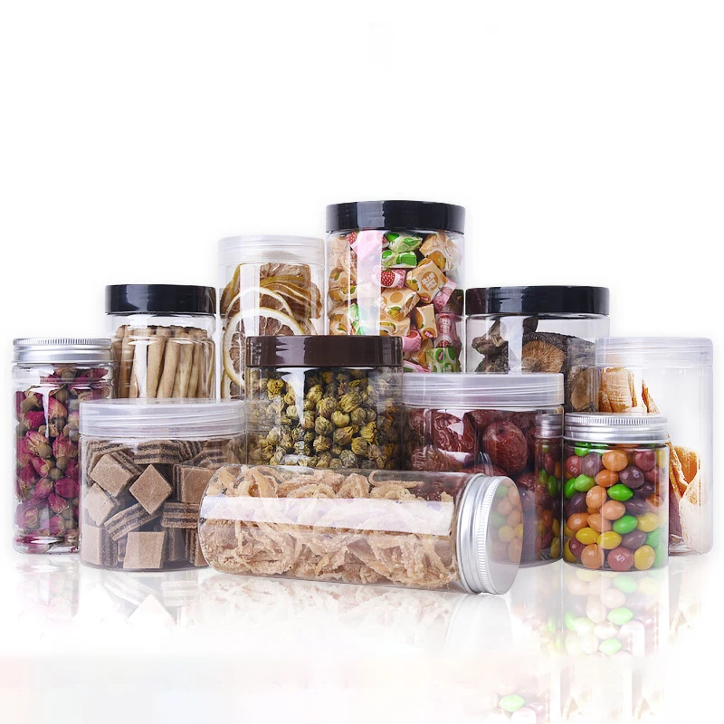 pet plastic wide mouth jars 30-1000ml food grade round transparent jars with lids for honey cookies candy packaging plastic jars