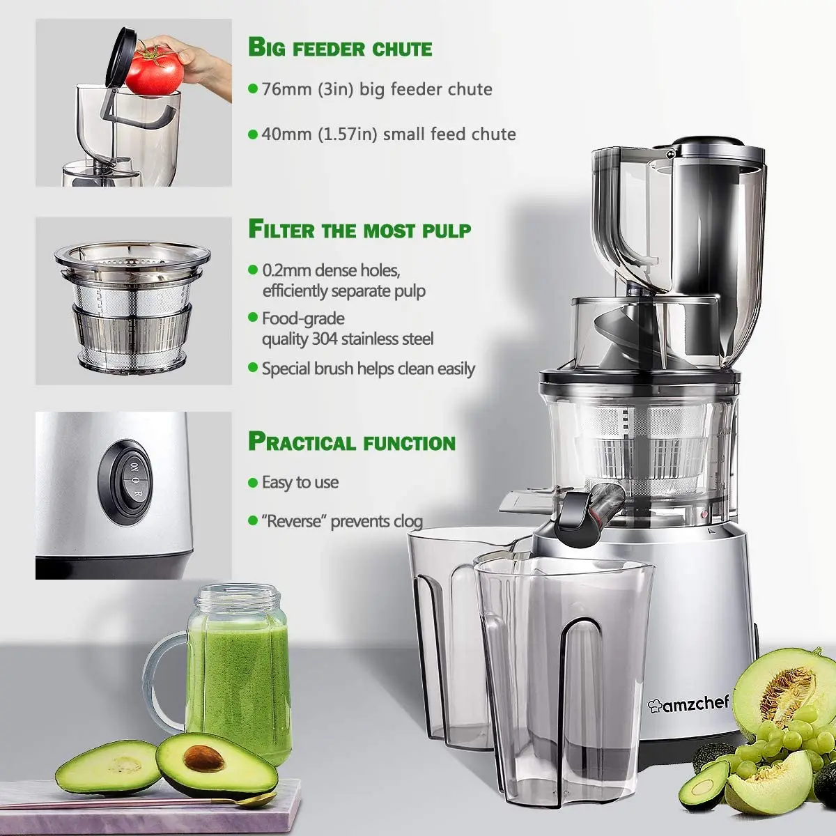  AMZCHEF HH-916F 240 Вт медленная соковыжималка для фруктов портативные
