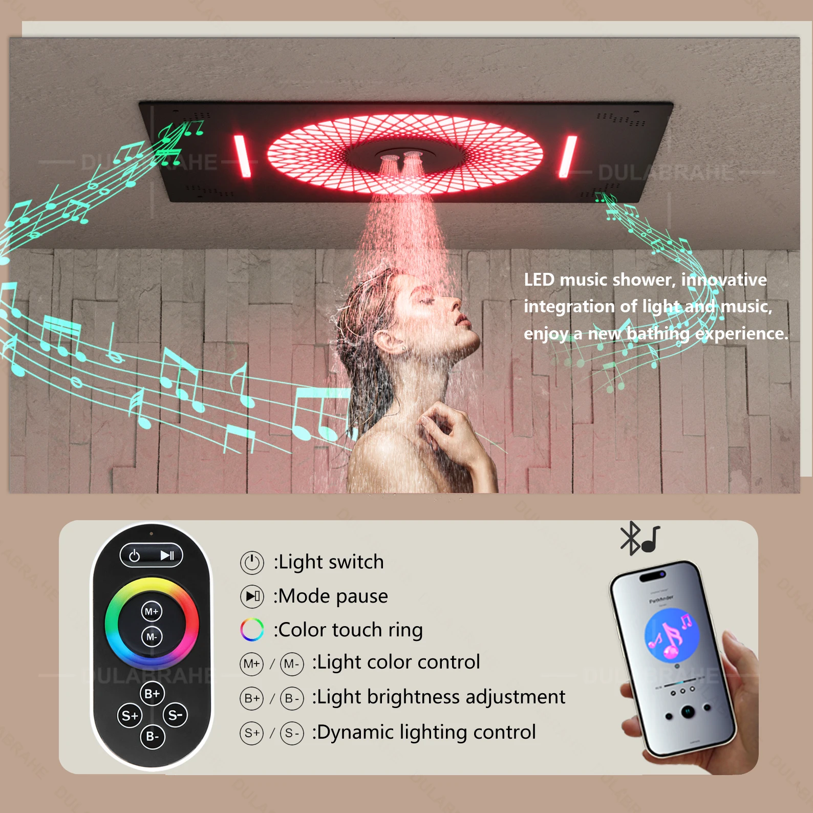 DULABRAHE 2024 NEW 600*400mm Music Cold and Hot Digital Display LED Rainfall Shower System 4 Functions Shower Faucet Set
