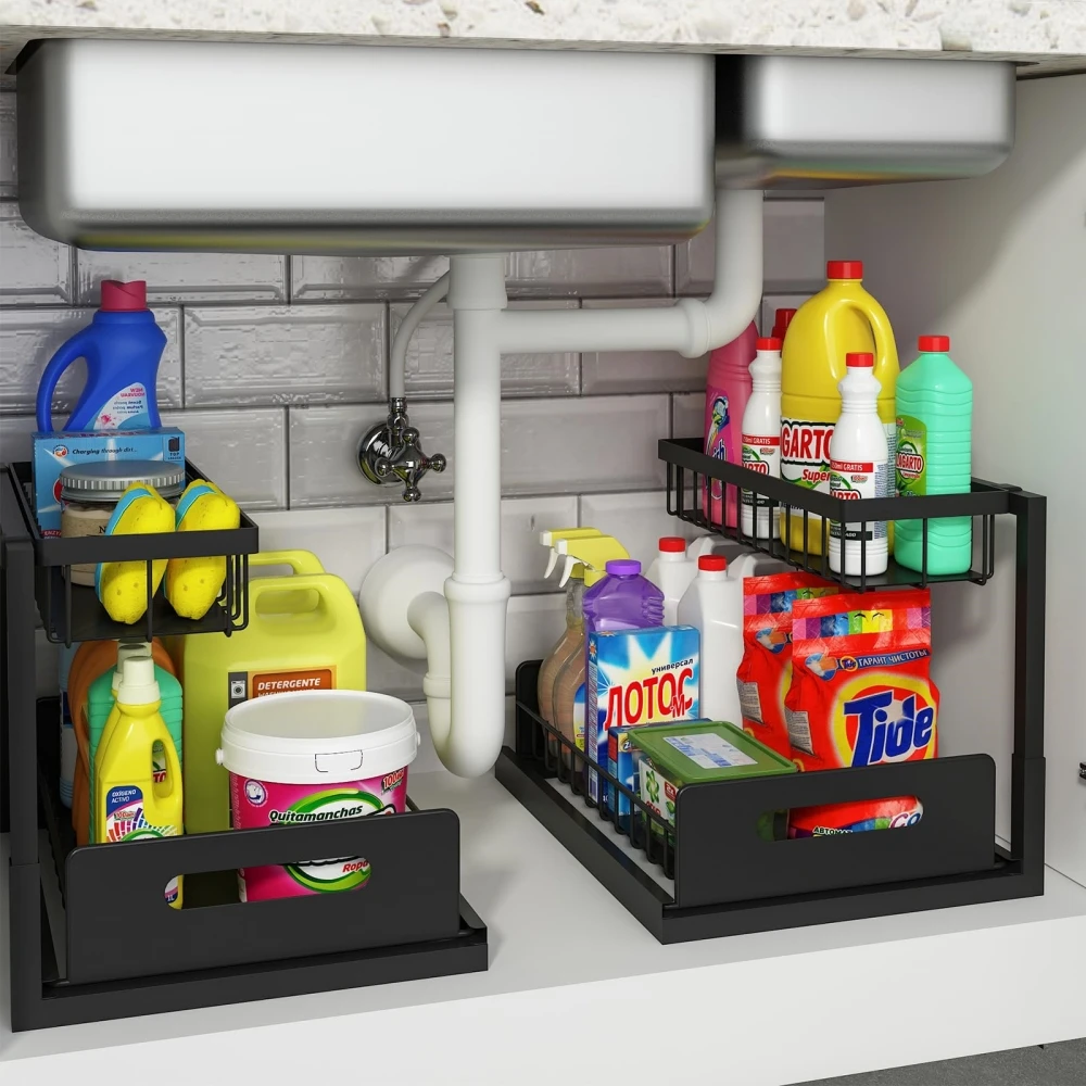 Multi-Purpose 2 Pack Pull Out Cabinet Organizer Adjustable Slide Out Sink Shelf for Kitchen