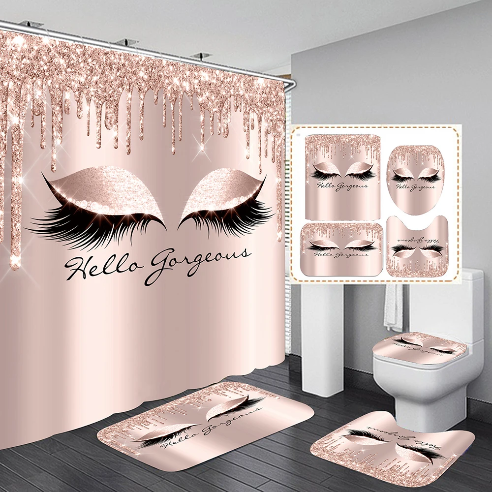 4PCS/Set Pretty Eyelash Shower Curtain Spark Rose Gold Drips Gorgeous Bathroom Decor Waterproof Cloth Polyester Bath Curtain