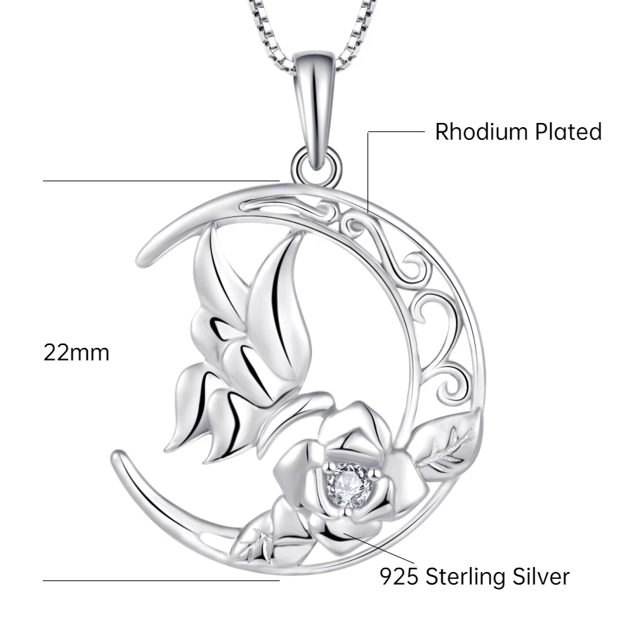 High Quality 925 Sterling Silver Butterfly and Rose Moon Pendant Necklace Rhodium Plated CZ Butterfly Pendant Wholesale