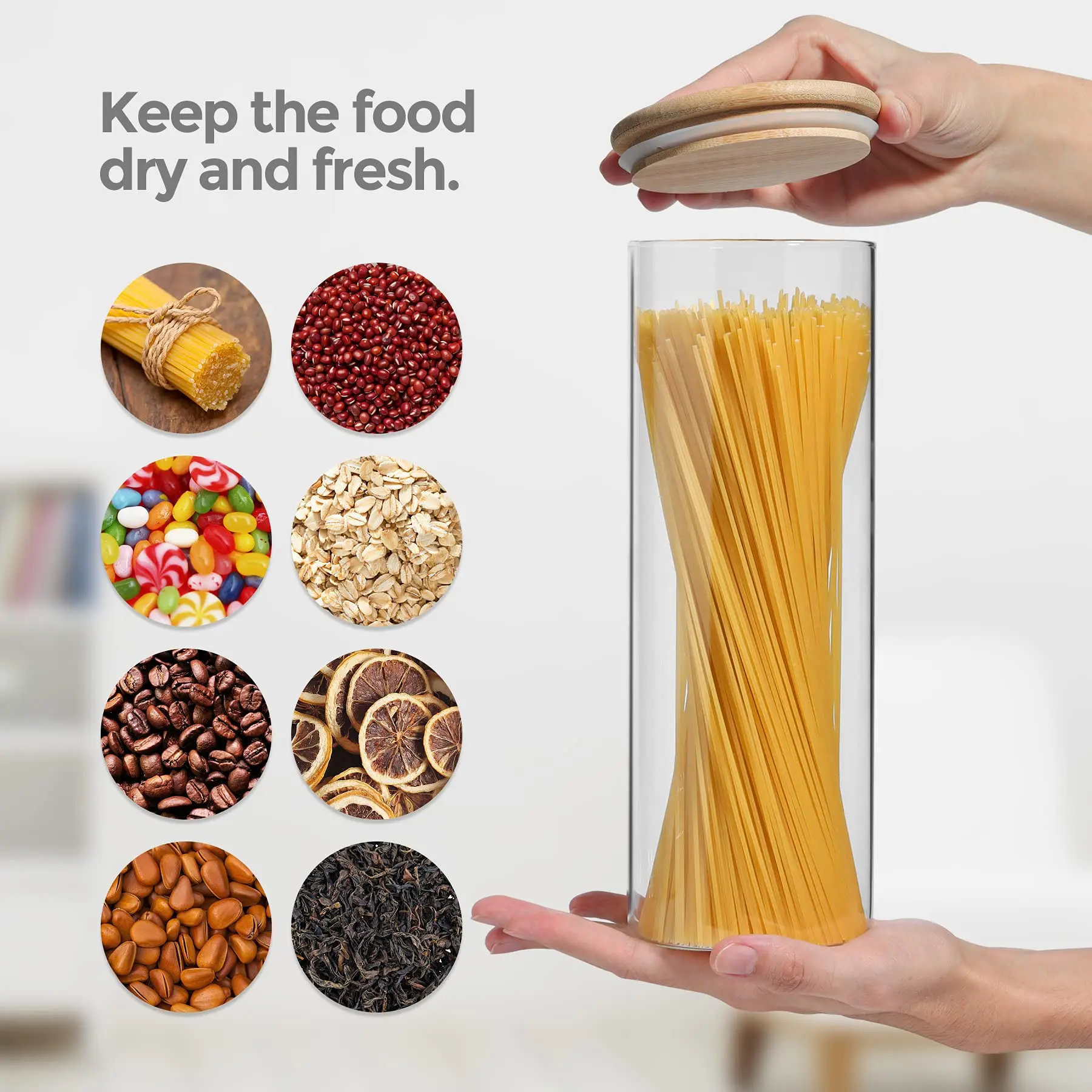 Set of 3 60oz Round Food Storage glass Container Jar with Sealing Bamboo Lid for Noodles Flour Cereal Rice Sugar Tea Coffee