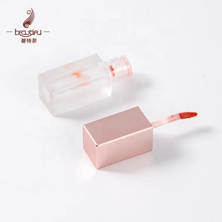 Empty 2.5ml plastic square lip gloss/liquid lipstick tubes with metallic pink lid + frosted transparent bottle with heart brush