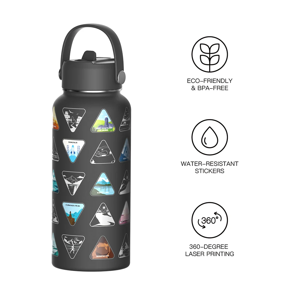32 oz Screen Printed Insulated Stainless Steel Vacuum Sealed Travel Water Bottle with Waterproof Stickers and Straw
