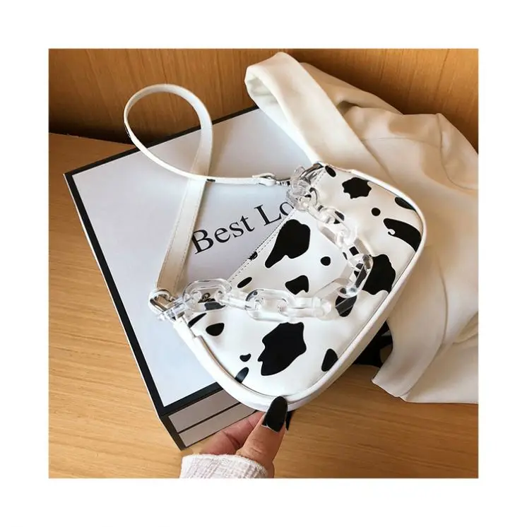 
2020 New Cow Pattern Underarm Bags Designer Acrylic Chain Small Bag Women High Quality PU Leather Handbag Printing Armpit Purse 