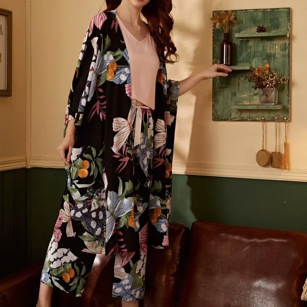 
MGOO 4pcs Butterfly & Fruit Print Bow Front Pajama Set Long Sleeve Robe Sets 