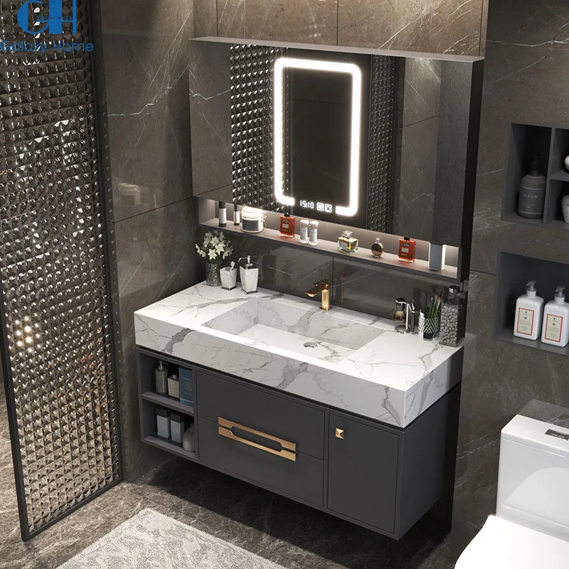 48 Inch Bathroom Wall Mounted Vanity With Two Sinks And Sintered Stone Top