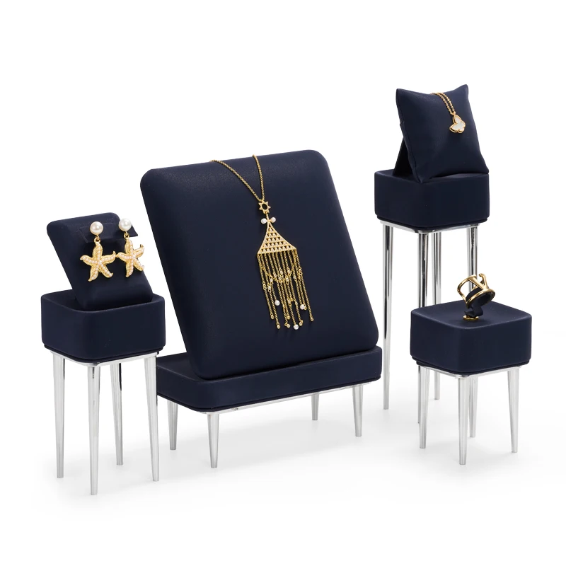 FANXI New arrival luxury Navy blue Microfiber Display stands for ring earring pendant Metal holder Jewelry showcase display sets