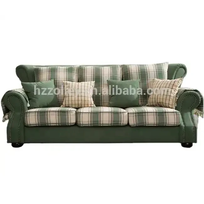 American Style Fabric Living Room Sofa 1+2+3 Seaters Green Plaid Sofa Set
