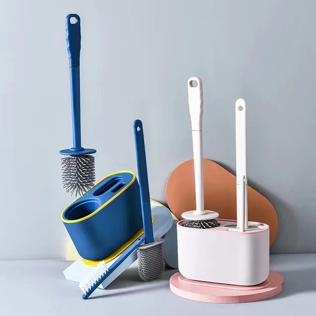 High Quality Flat Head Soft Bristles Silicone Toilet Cleaning Brush With Holder Bathroom Accessory