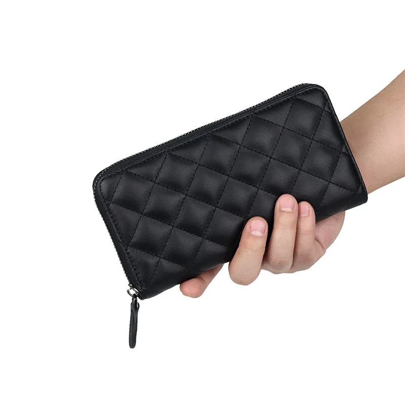 Sheepskin Long Purse for Women Quilted Fashion Clutch Bag Genuine Leather Female Wallets Phone Purses Zipper Cards Holders