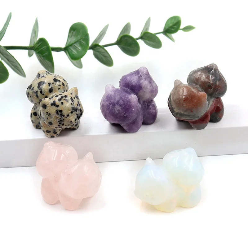 30mm Natural Quartz Crystal Healing Gem Stone Animal Cartoon Bulbasaur Crystal Carvings For Home Decoration Gift