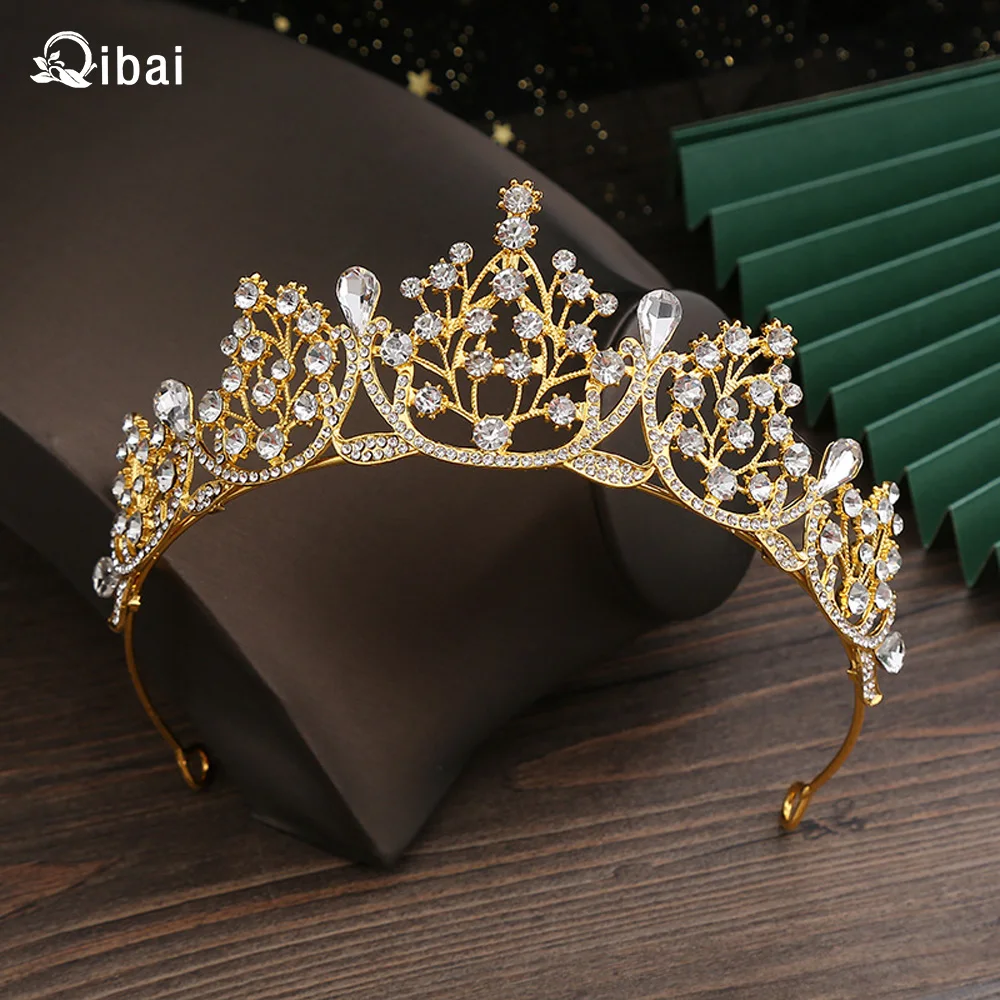 Qibai аксессуары корейские свадебные Хрустальная корона винтажная Золотая черная повязка на голову Свадебная пряжа аксессуар для Хэллоуина оголовье