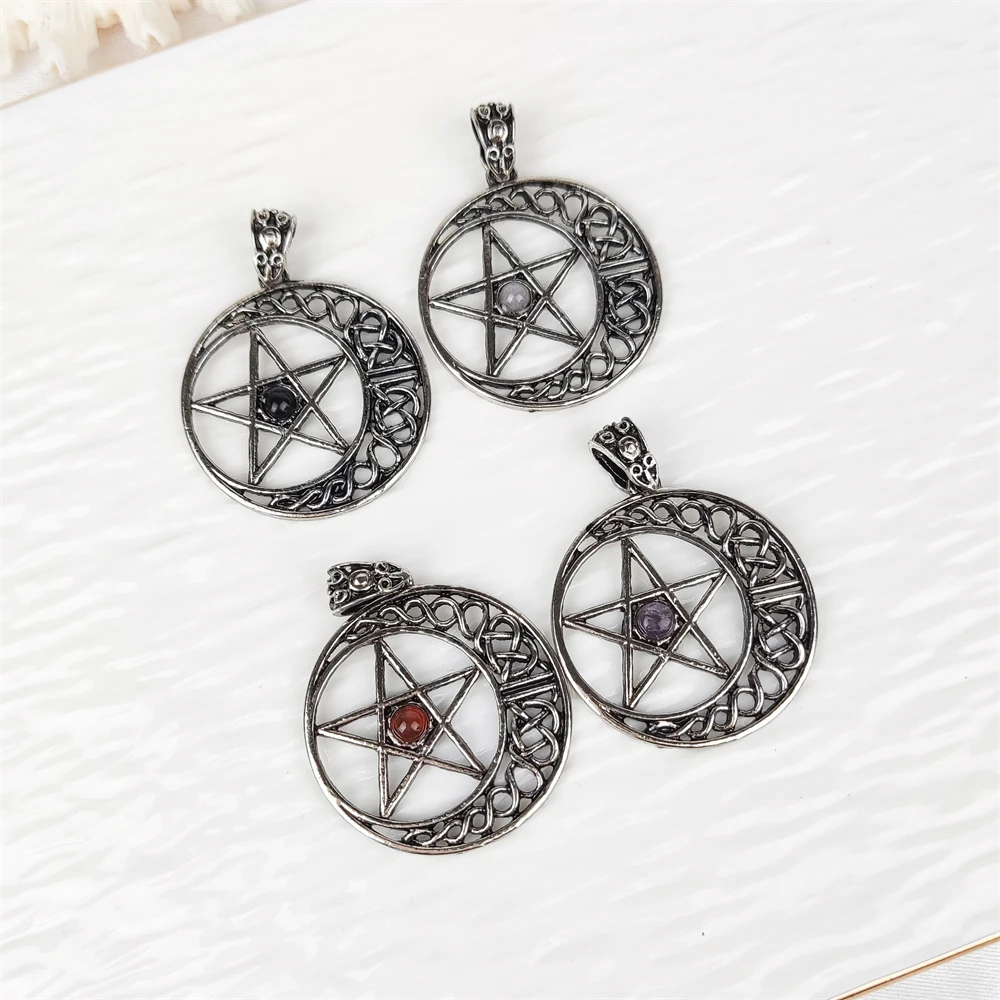 Manufacturer Retro Jewelry Antique Silver Moon Star Charms Amethyst Labradorite Tiger Eye Natural Stone Necklace Pendant for DIY