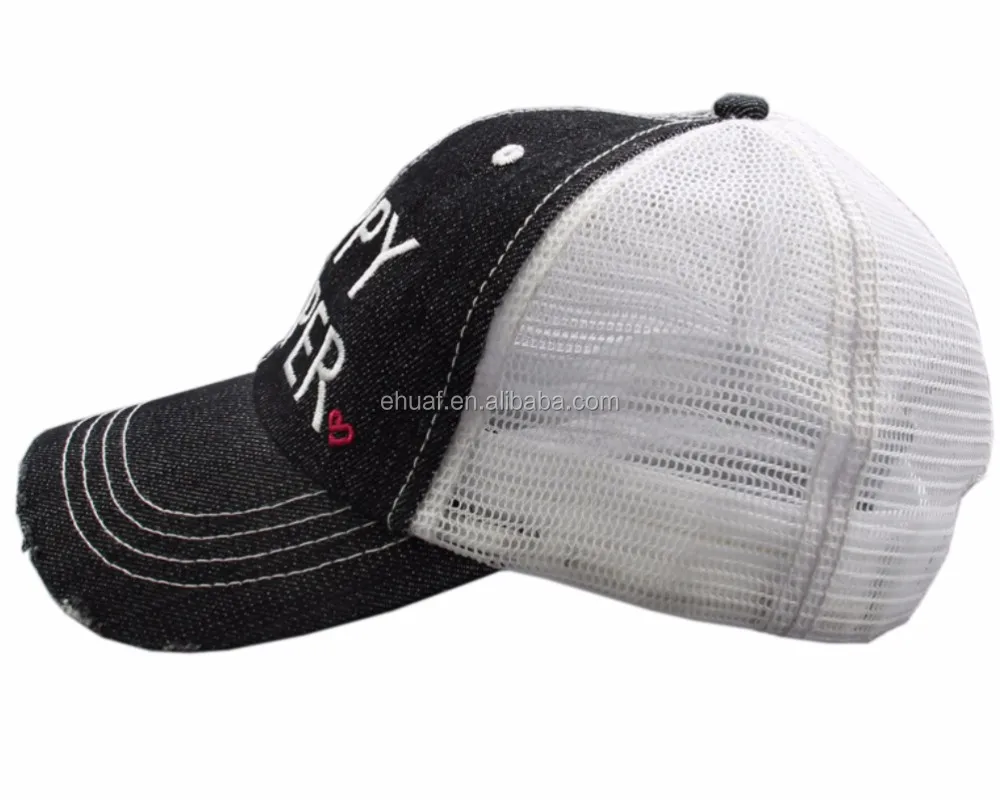 6 panel cotton denim and mesh embroidery distressed washed camper camping cap snap back hat