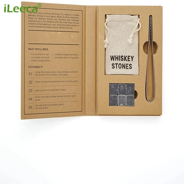 Deluxe Chill Rocks Whiskey Stones Gift Set with 6 Whisky Chilling Stones, Tongs ,Velvet bag in Gift Box