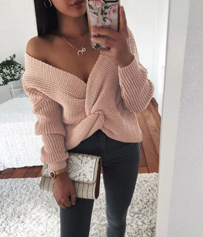 
LK427 long sleeve women sweater sexy solid color v neck trendy fashion women sweater 
