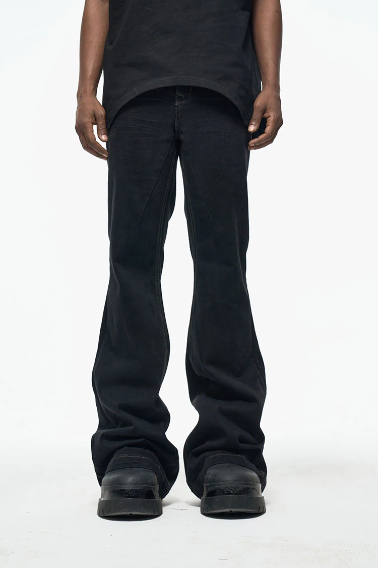 Custom label drop ship stock street wear stock baggy jeans manufacturer men black painted stacked flared  denim jeans