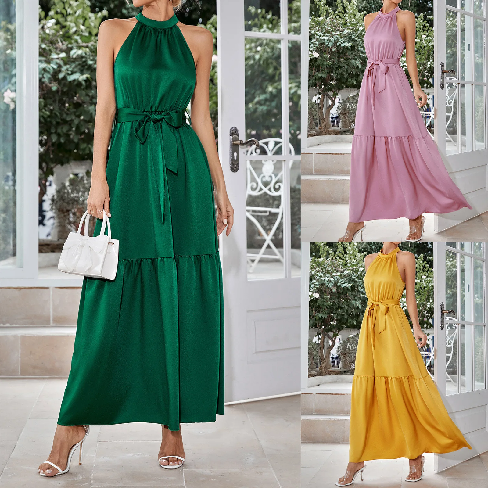 Wholesale Ladies Fashion Summer Spring Halter Sleeveless Silky Plain Waistband Tiered Party Evening Maxi Dress Casual Women
