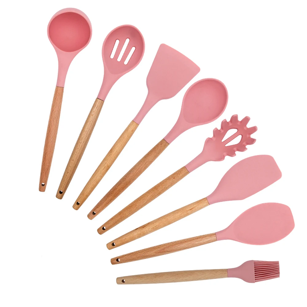 Amazon Hot Seller Natural Heat Resistant 8 Pieces Smart Silicone Utensils Kitchen Non-Stick Baking Tool