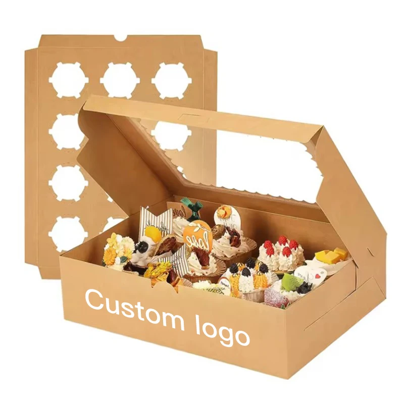 Custom recycle kraft paper cake box for bakery cake cupcake packaging with plastic clear windows