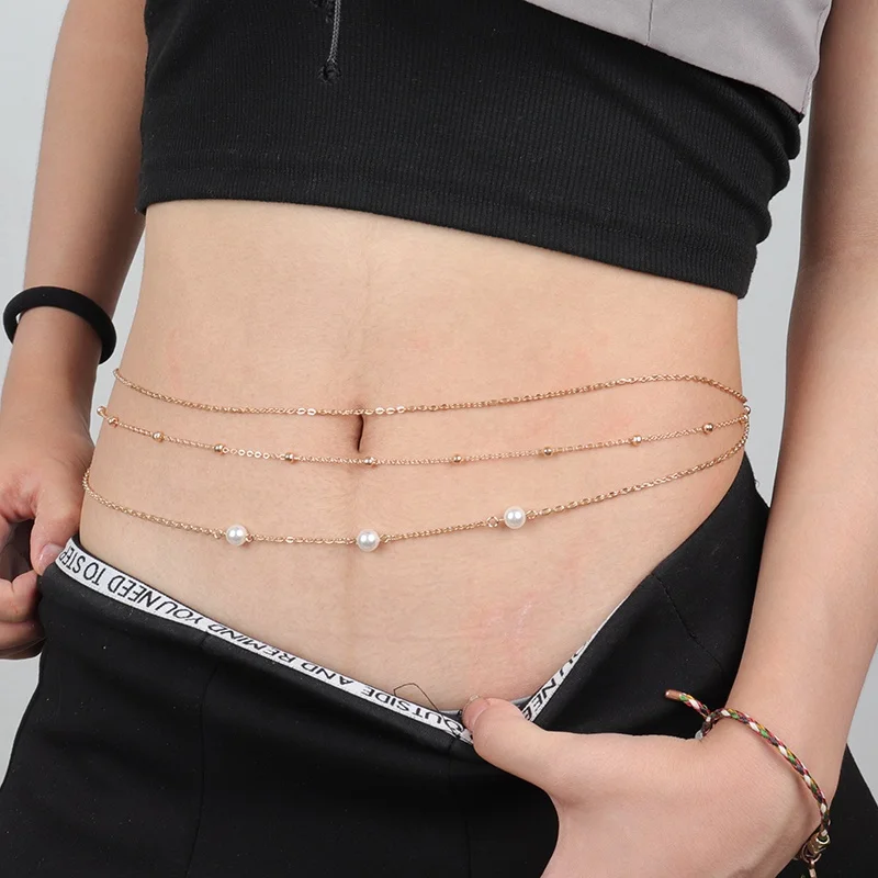 Fashion imitation pearl temperament multi-layer waist chain female simple bead fine chain body chain skirt dress accessories