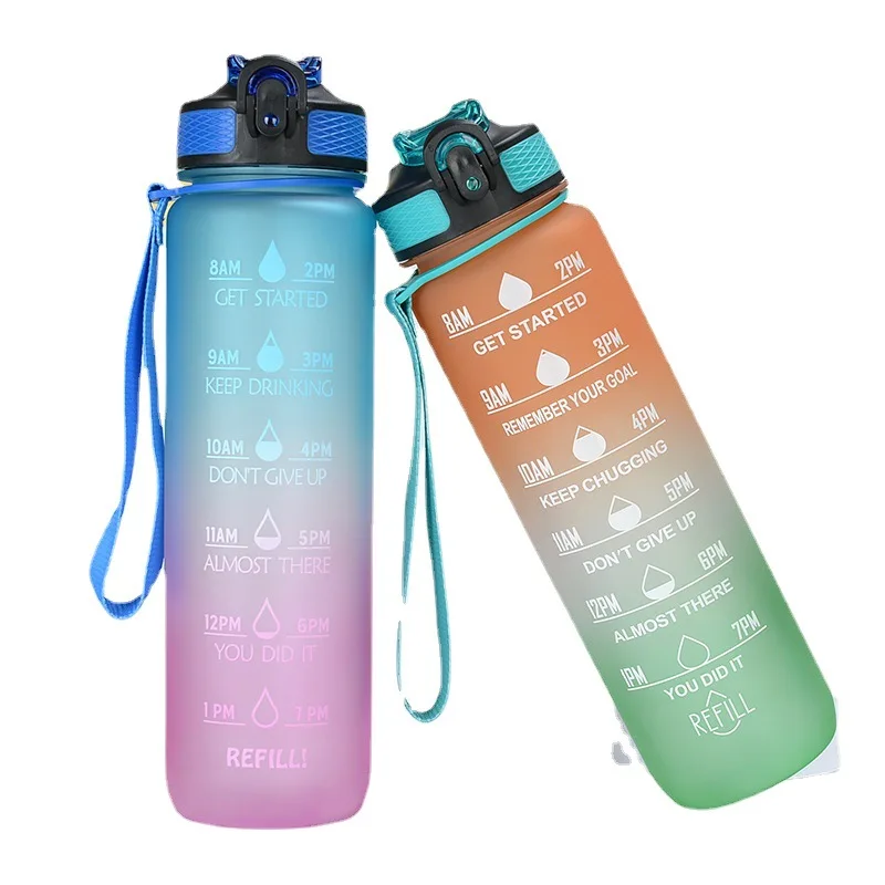 34OZ Plastic Water Jug Motivational Sports Water Bottle With Time Marker Straw for Fitness Gym