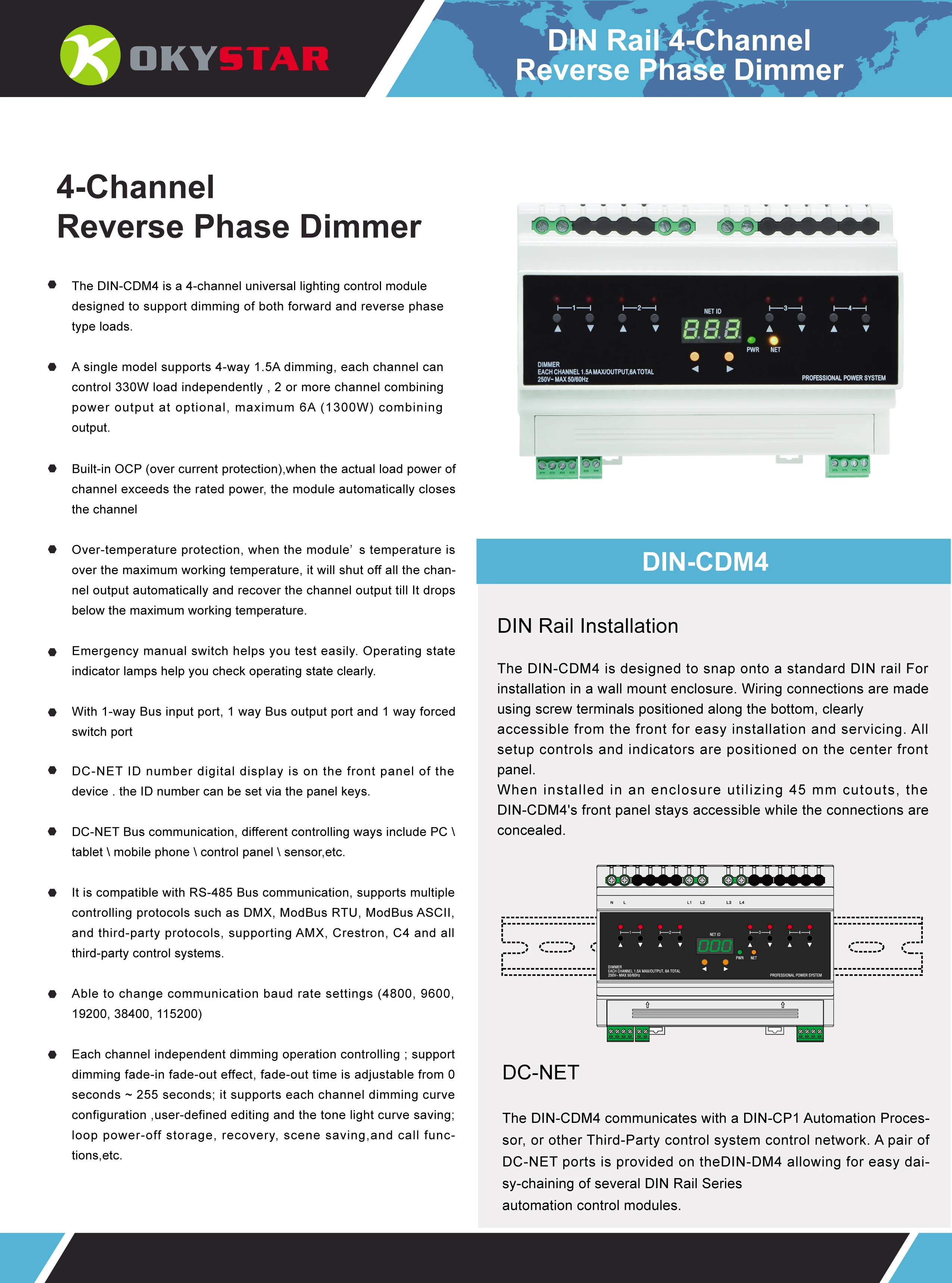 RS485 BUS DIN Rail LED Dimmer Lighting Controller For smart light control