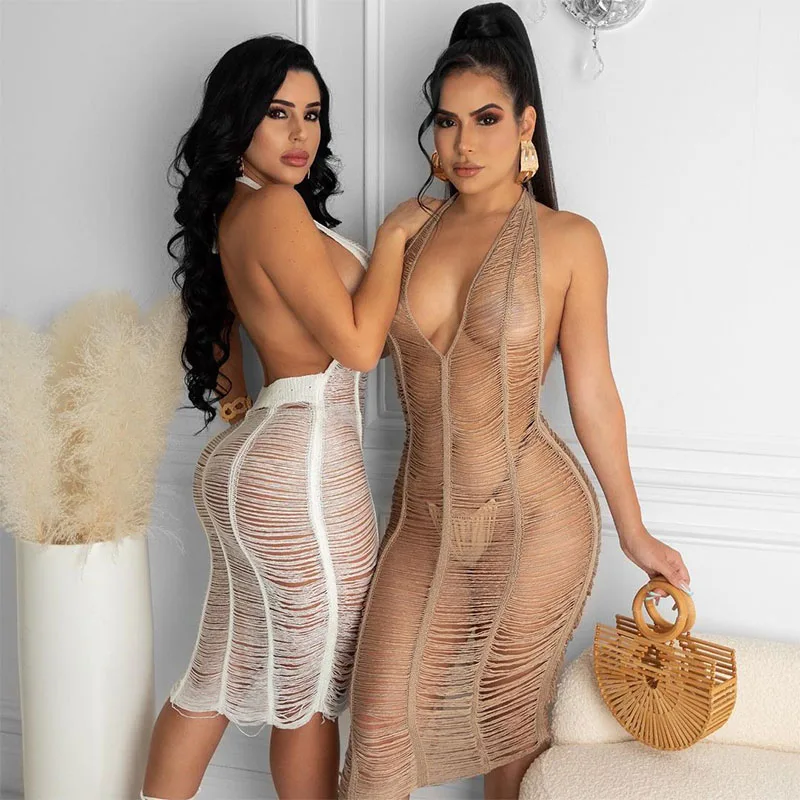 2021 Summer See Through Knit Crochet Dress Halter Plus Size Swimwear Bathing Suit Swimsuit Beach Wear Dress Cover Up