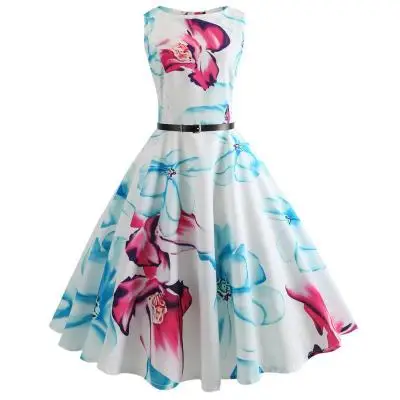 Midi Floral Dresses for Women Bandage Party Dress Hepburn Vintage Retro Robe Femme Sleeveless Swing Pin Up Dress Plus Size