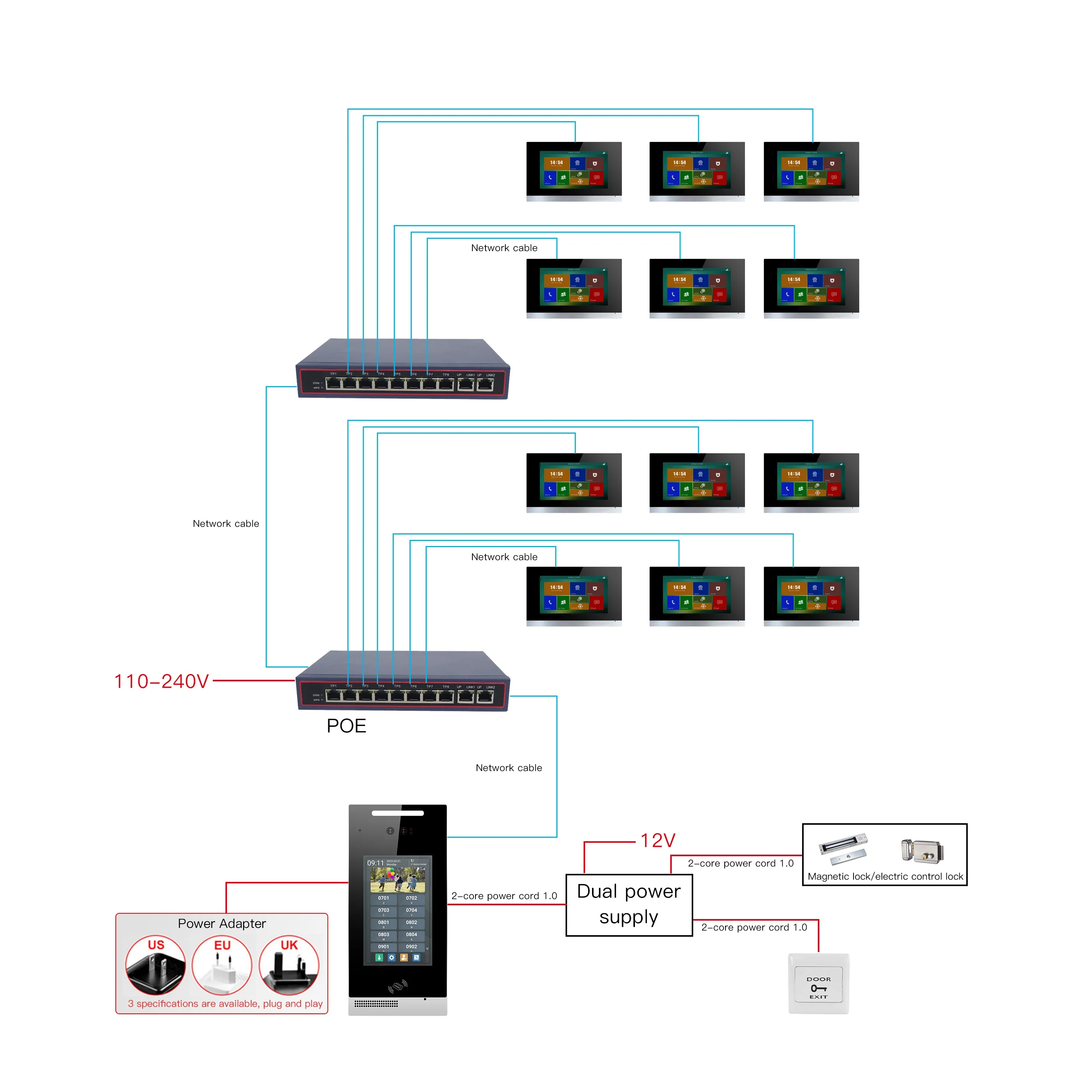 2 Wire Video Intercom Doorphone Visual Interphone Multi Unit 2 Monitors And 1 Door Bell,2wire Video Intercom System