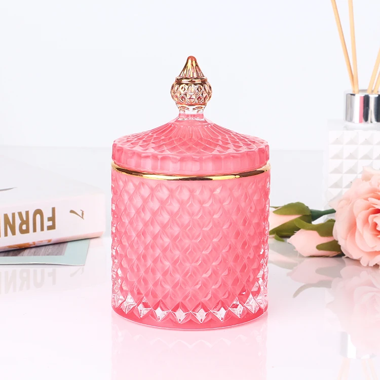 Luxury Diamond Geo Cut Glass Candle Jar Vessel Red Glass Candle Jars For Candles