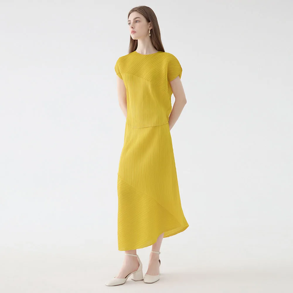High quality miyake 2 pieces set solid color women irregular hem pleated skirt loose summer casual vacation outfit