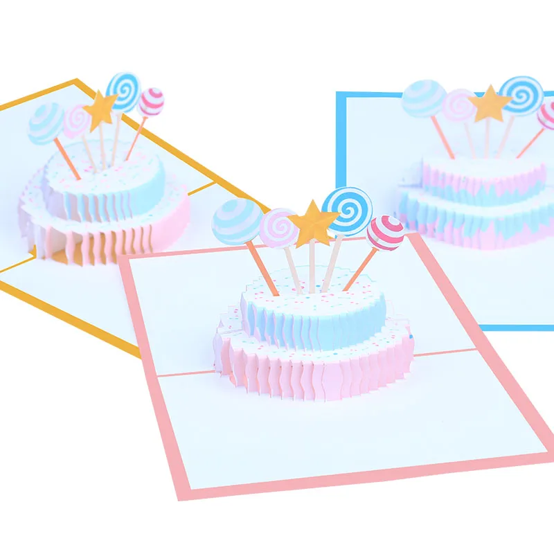 Happy Birthday Cake With Stars and  Lollipop 3d Pop Up Greeting Card  with Envelope for Kids Girls Boys Women Men