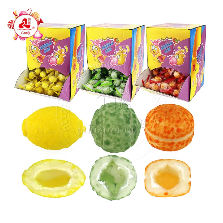 4g olive, lemon, orange shaped fruit flavored bubble gum with jam filling