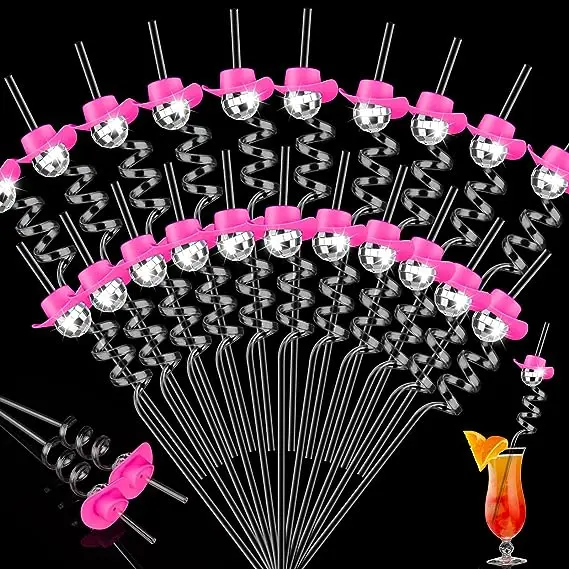 Mini Disco Mirror ball straws with pink cowboy cowgirl hat bar party decorations silver 12 pieces cowboy disco straw