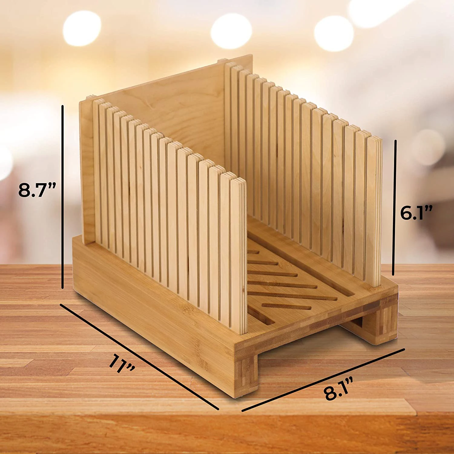 Factory Direct Good Rate Bamboo Adjustable Compact Foldable Bread Slicer with Crumb Tray Homemade Bamboo Bread Cutter