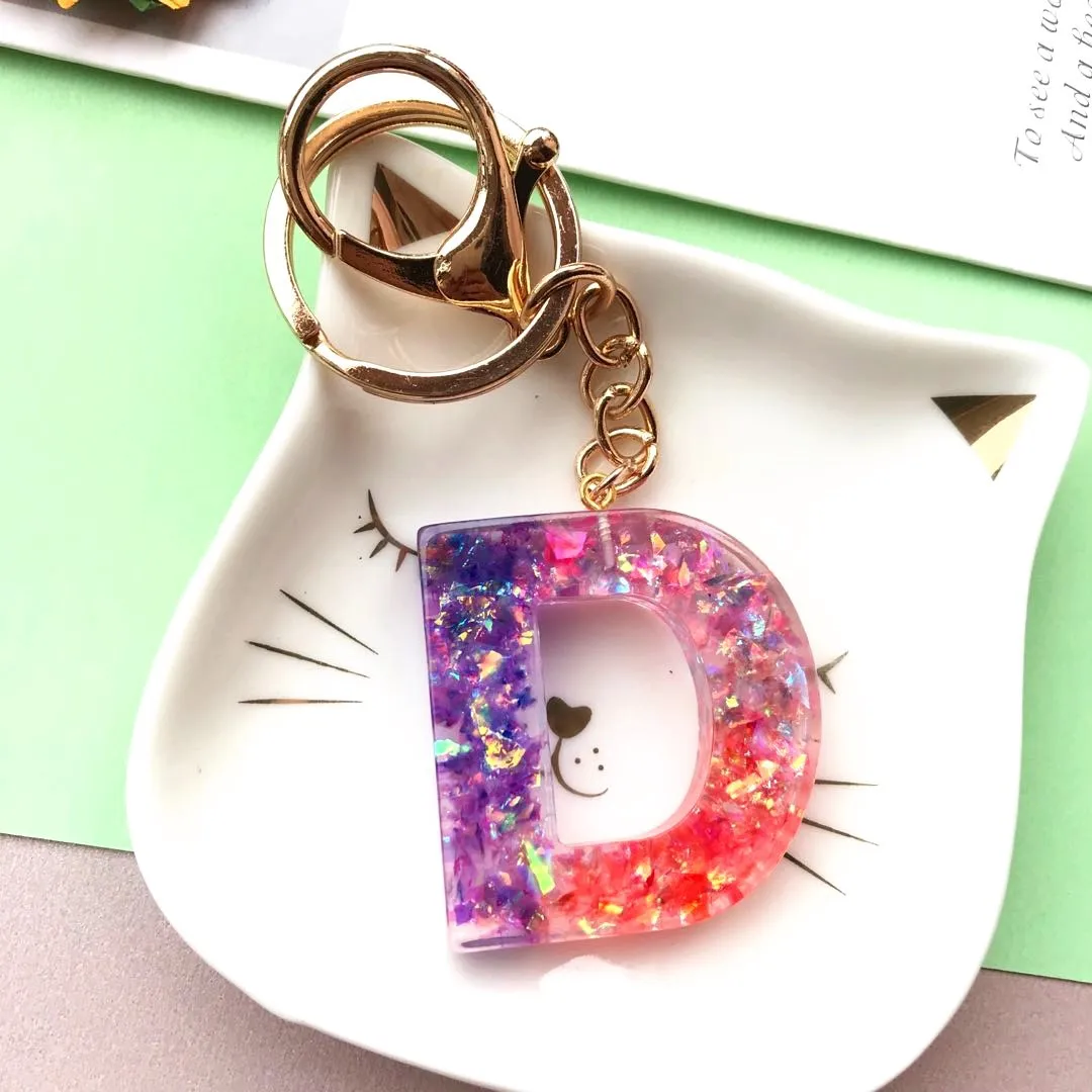 Trendy Glitter Resin Initial Alphabet Letter Pendant Keychain For Women A-z Jewelry Sequined Resin Key Chain Bag Accessories