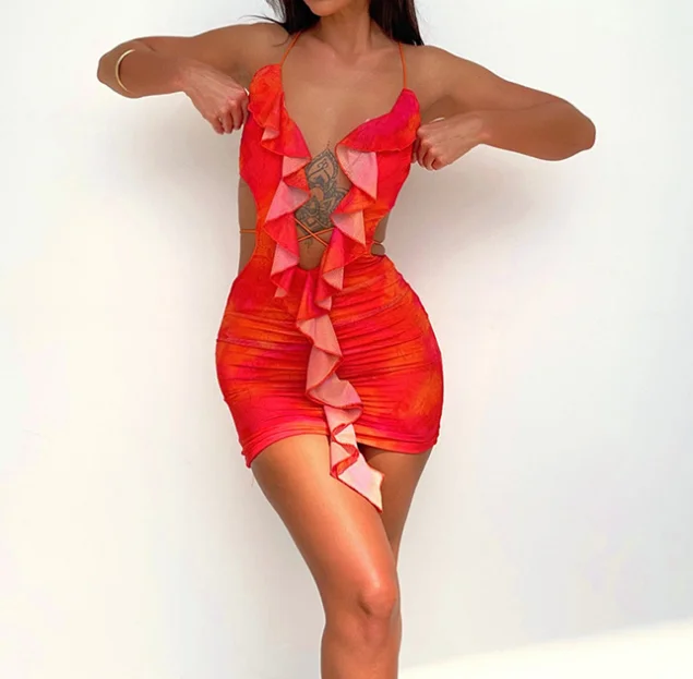 KFL23002 Spring summer 2023 new women halter dress sexy hollow out ruffled lace-up dress for women lady