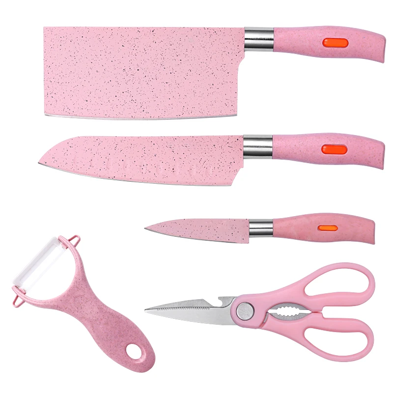 Kitchen Accessories - 7pcs Pink Kitchen Knife Set with Cutting board and Scissors