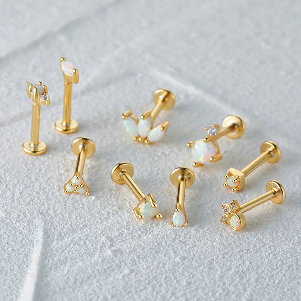 Fashion High Quality Hypoallergenic 925 Sterling Silver Gold Plated Opal Stud Earrings Screw Flat Back Earrings
