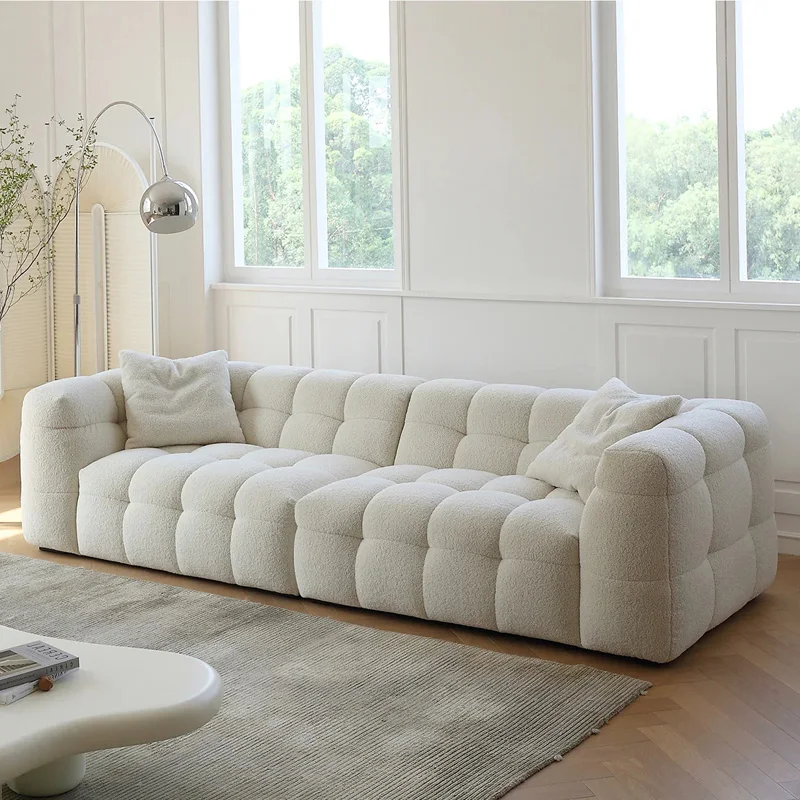 Modern Quiet Style Designer White Teddy Fleece Sofa Luxury Hotel Living Room Straight Three Seat White Lamb Fleece Sofa