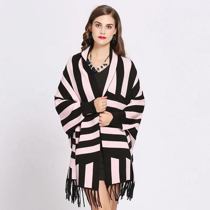 Wholesale new arrival open front knitted bat sleeve medium length thick tassel scarf dual purpose shawl
