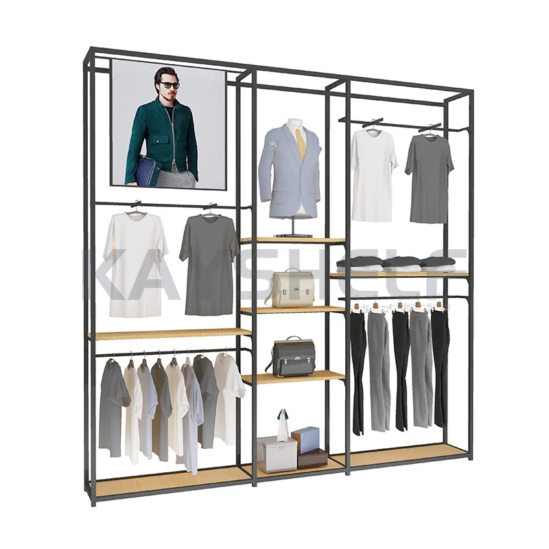 Adjustable Black Metal and Wood Wall Retail Display Cloths Rack For Garment Shops with Hanger Bar and Shelves