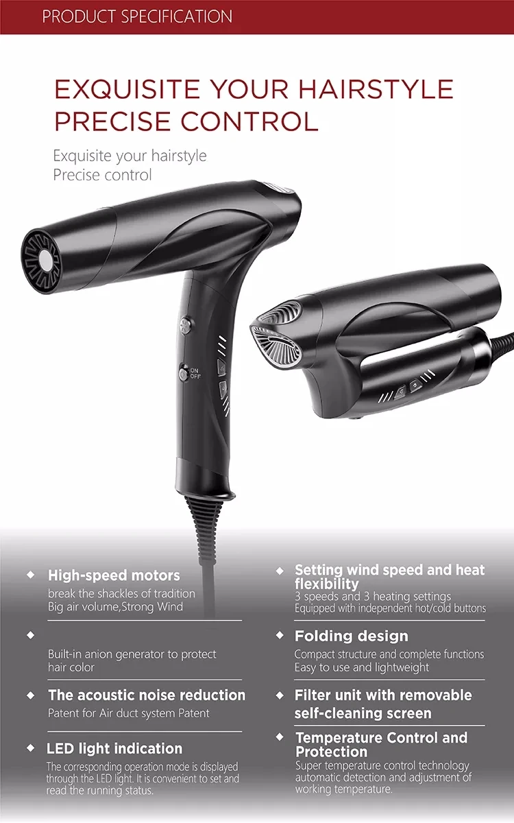 Новое поступление 2022, Анионный Быстросохнущий фен, высокоскоростной фен с обратным воздухом и складной конструкцией