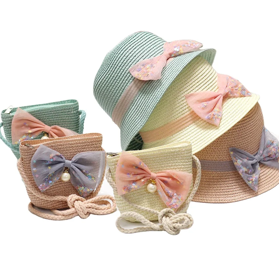 Новая мода для девочек, летний комплект для девочек соломенная шляпа с бантом Детские пляжная шляпа от солнца на открытом воздухе шляпа с широкими полями шляпа и сумка в комплекте