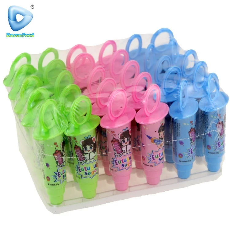 Hot Selling wholesale colorful happy syringe shape toy hard tablet candy